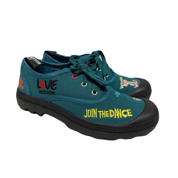 Love Moschino Shoes - NEW Love Moschino Womens Size 8 Playful Embroidery  Teal Sneakers Black Lug Sole
